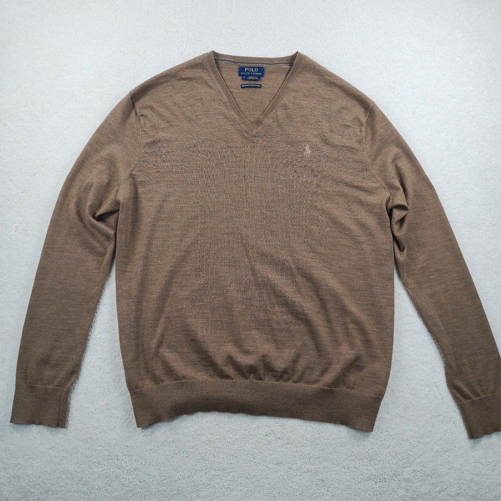 POLO Ralph Lauren Sweater Men's Med Brown Washable Merino Wool V-Neck Liteweight - Picture 2 of 13